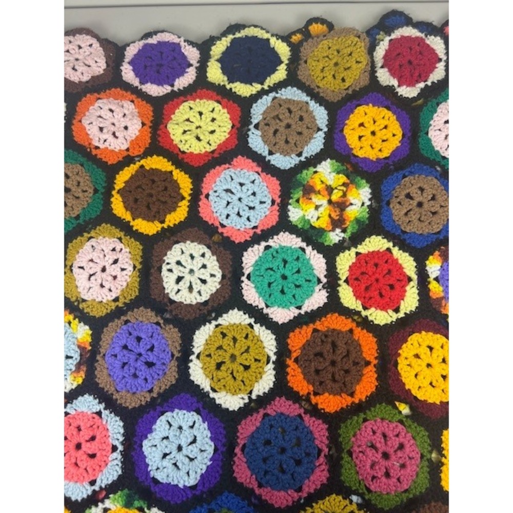 Vintage Handmade Crochet Hexagon Afghan Blanket Multi Color Granny Square Throw - Picture 14 of 14
